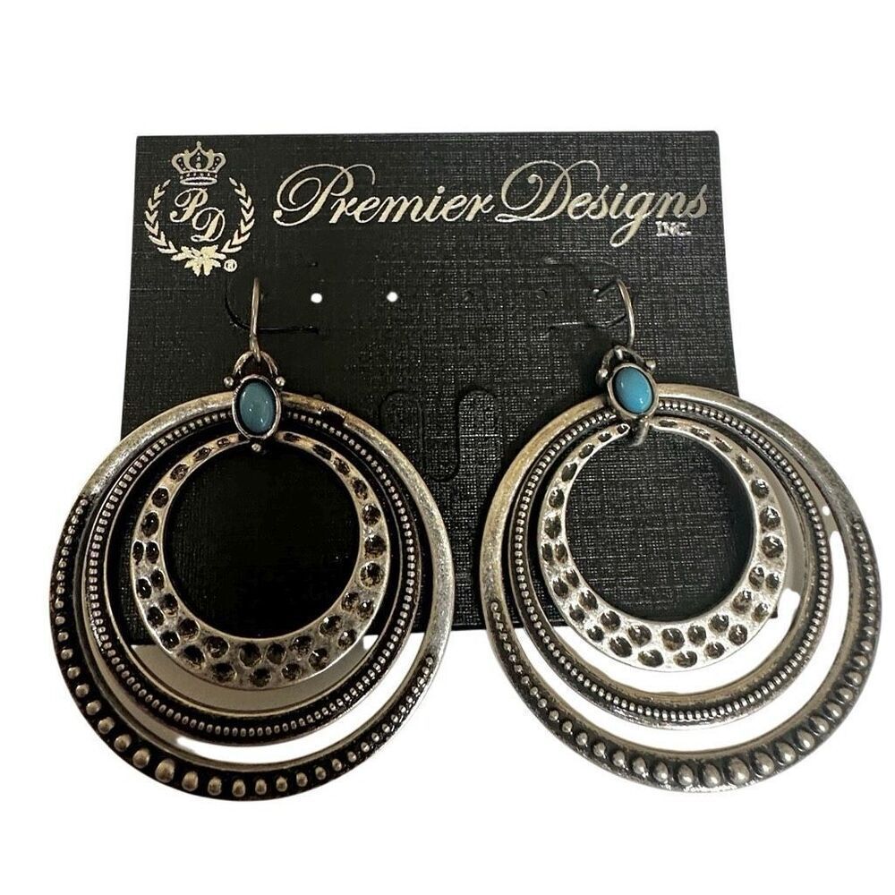 Vintage Premier Designs Around Town Hoop Earrings with Faux Turquoise Accent